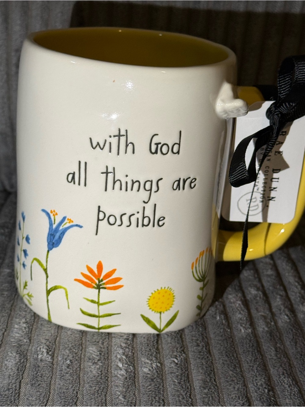 Rae Dunn White Mug with Yellow Interior, Yellow Handle and Floral Accents